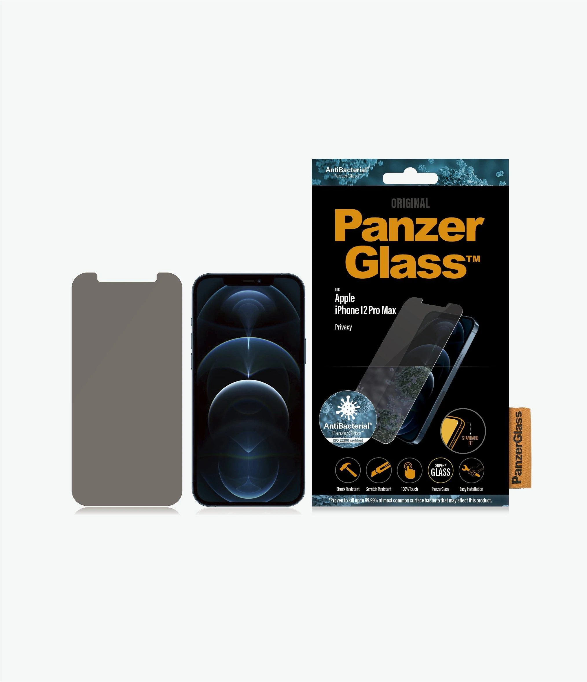Panzer Glass PREMIUM TEMPERED biometrinio stiklo ekrano apsauga, visas dangtelis skirtas iPhone 12 Pro Max Privacy AB