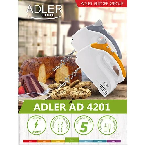Plakiklis Adler AD 4201 g Baltas, Hand mixer, 300 W, Greičių skaičius 5, Shaft material Nerūdijantis plienas,