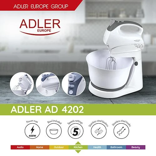 Virtuvinis kombainas Adler | Mixer | AD 4202 | Mixer with bowl | 300 W | Greičių skaičius 5 | Turbo mode | Baltas