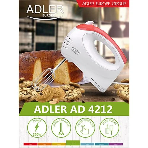Plakiklis Adler | Mixer | AD 4212 | Hand Mixer | 300 W | Greičių skaičius 5 | Turbo mode | Baltas