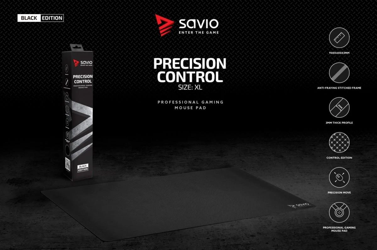SAVIO Juodas Edition Precision Control XL 90x40 Pelės kilimėlis žaidimams Juodas