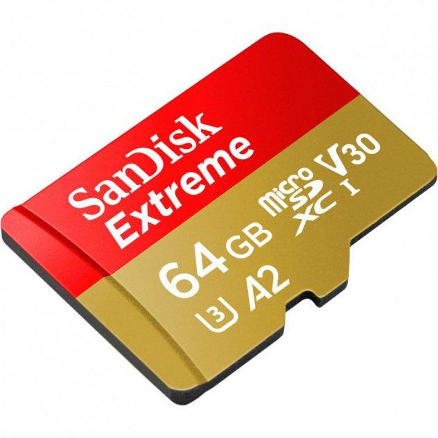 Atminties kortelė SANDISK Extreme Micro SDXC 64 GB veiksmo kameroms ir dronams + SD adapteris 160 MB/s A2 C10 V30 UHS-I U3