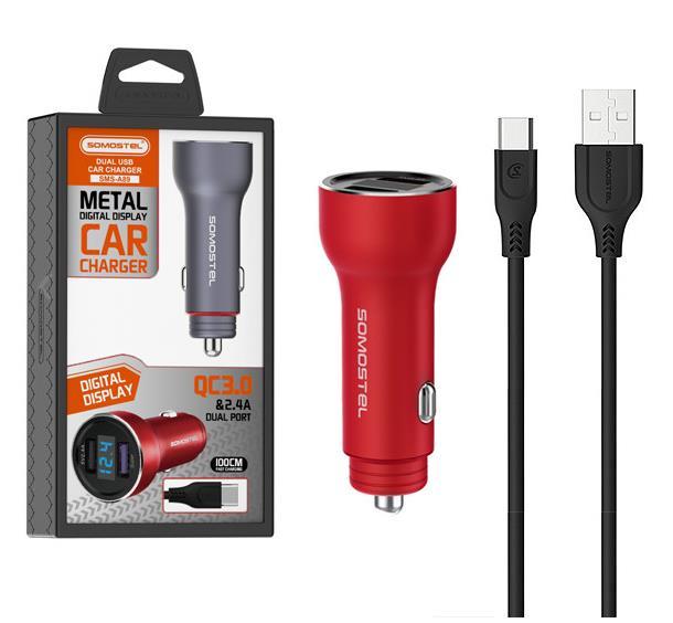 Somostel 30W 2x USB raudona + kabelis Typ-C