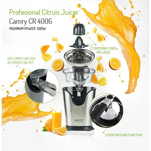 Sulčiaspaudė Camry | Profesional Citruis Juicer | CR 4006 | Type Electrical | Nerūdijantis plienas | 500 W | Greičių skaičius 1