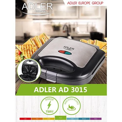 Sumuštinių keptuvas Adler | Sumuštinių keptuvė | AD 3015 | 750 W | Lentelių skaičius 1 | Kepinių skaičius 2 | Juodas