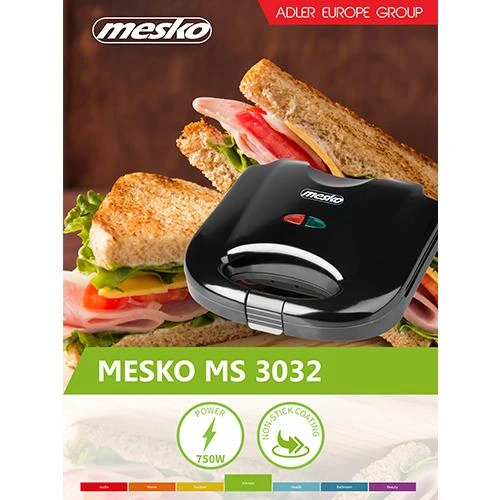 Sumuštinių keptuvas Mesko sumuštinių keptuvė MS 3032 Juodas, 750 W, lėkščių skaičius 1, sumuštinių skaičius 2 sumuštiniai / 4 trikampiai sumuštiniai