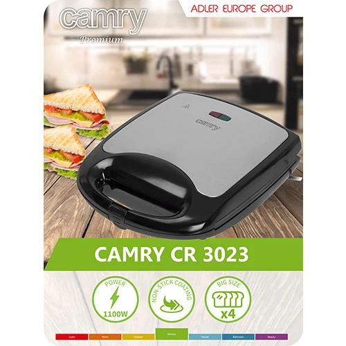 Sumuštinių keptuvas Camry | Sumuštinių keptuvė XL | CR 3023 | 1500 W | Lentelių skaičius 1 | Kepinių skaičius 4 | Juodas
