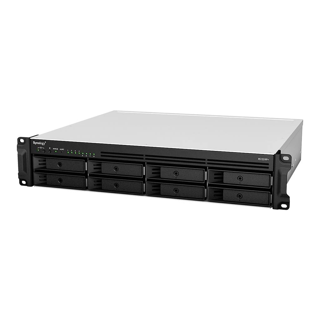 Serveris SYNOLOGY RS1221RP+ 8 skyrių NAS-Rackmount AMD Ryzen V1500B keturių branduolių 2,2 GHz 4GB DDR4 iki 32GB RJ-45 4x1GbE 2xUSB 3.2 1xeSATA