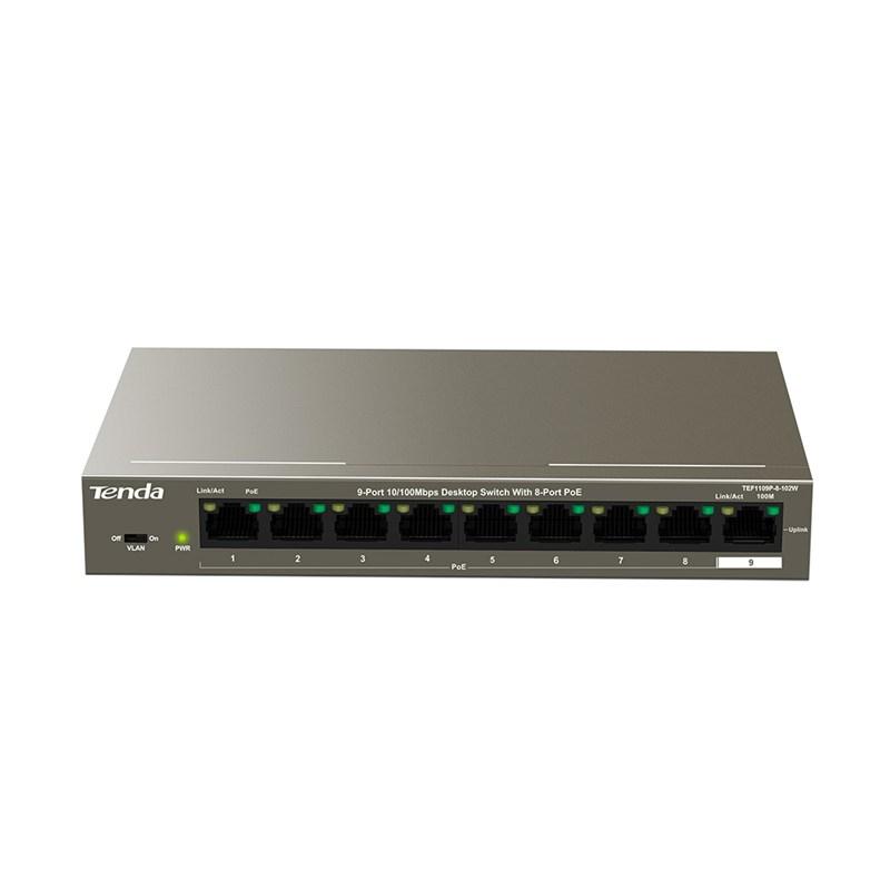 Šakotuvas Tenda TEF1109P-8-102W tinklo jungiklis Fast Ethernet (10/100) Power over Ethernet (PoE) Metalinis