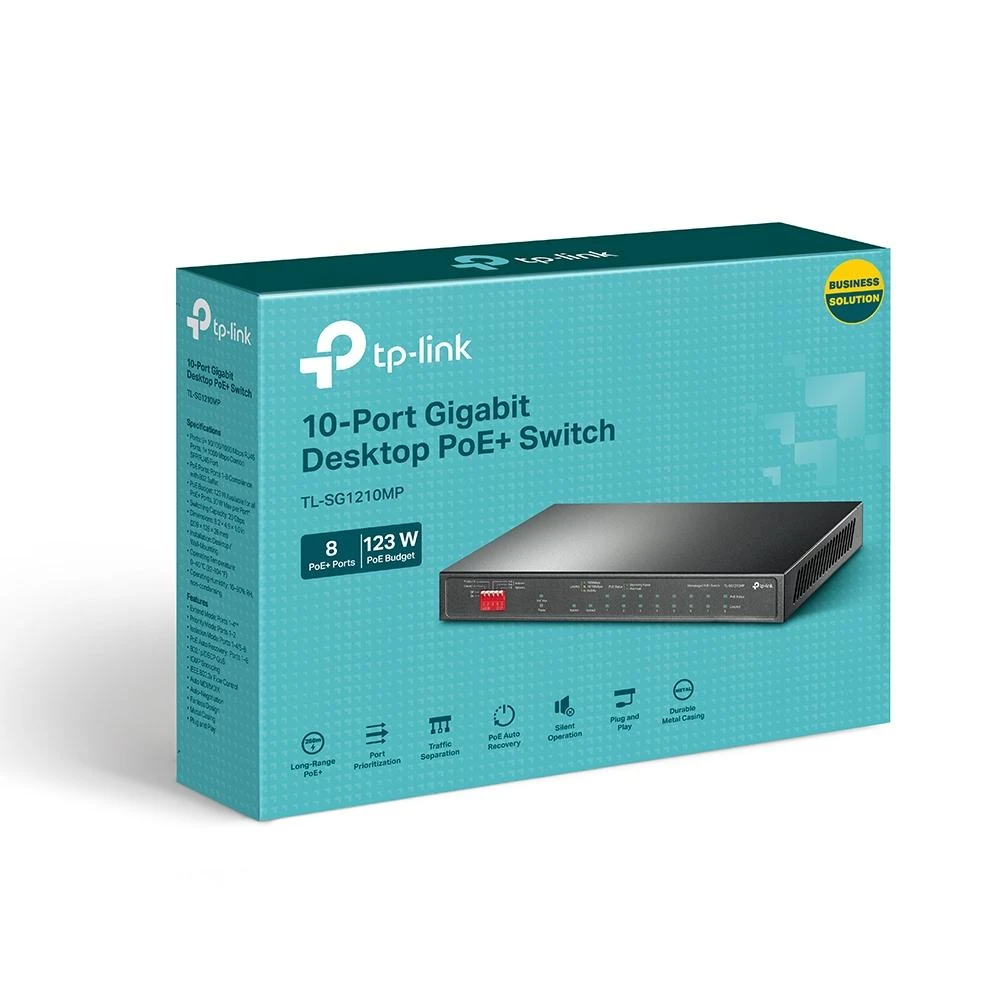 Šakotuvas TP-LINK | 10 prievadų Gigabit Easy Smart Switch su 8 prievadų PoE+ | TL-SG1210MP | Nevaldomas | Darbalaukis | Maitinimo tipas Išorinis | 60 mėn.