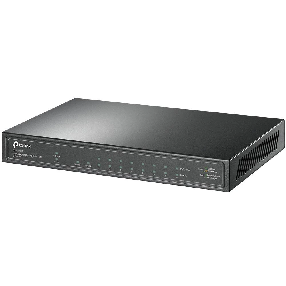 Šakotuvas TP-LINK 10 prievadų Gigabit PoE+ jungiklis 8 Gigabit PoE+ prievadai, 1 Gigabit RJ45 prievadai ir 1 Gigabit SFP lizdai 802.3at/af 63W PoE galia