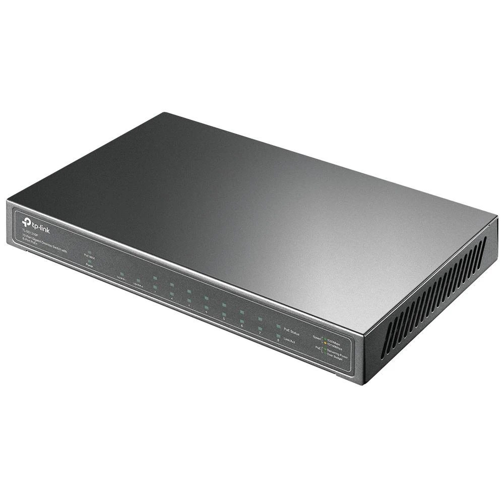 Šakotuvas TP-LINK 10 prievadų Gigabit PoE+ jungiklis 8 Gigabit PoE+ prievadai, 1 Gigabit RJ45 prievadai ir 1 Gigabit SFP lizdai 802.3at/af 63W PoE galia