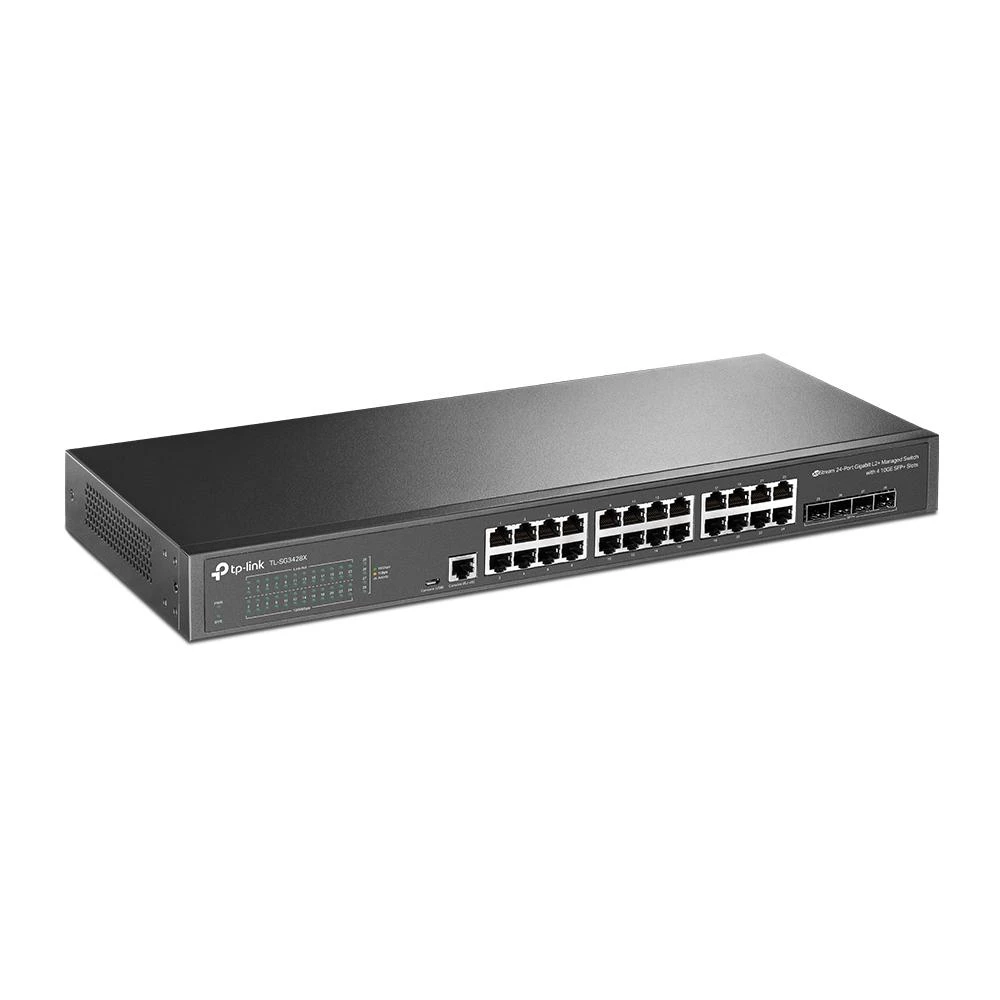Šakotuvas TP-LINK | 24 prievadų 10/100/1000 Mbps stalinio kompiuterio tinklo jungiklis | SG3428X | Tvarkoma L2+ | Montuojamas ant stovo | SFP+ jungtys kiekis 4 | Maitinimo tipas Išorinis