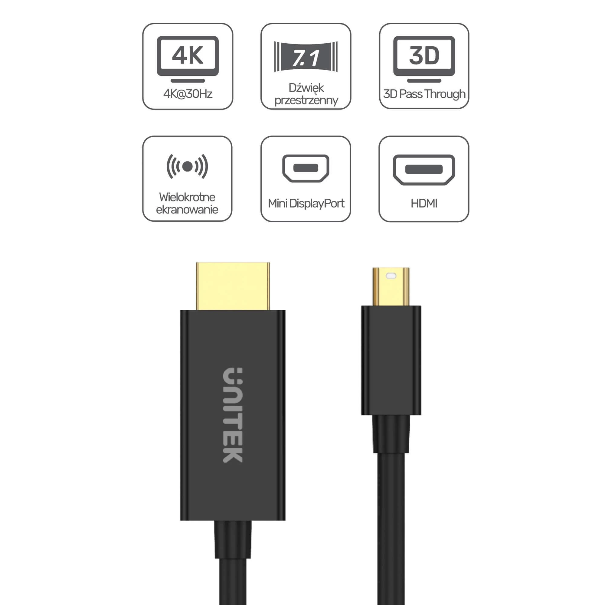 Unitek V1152A Adapteris miniDP - HDMI 4K 30Hz kabelis 2m