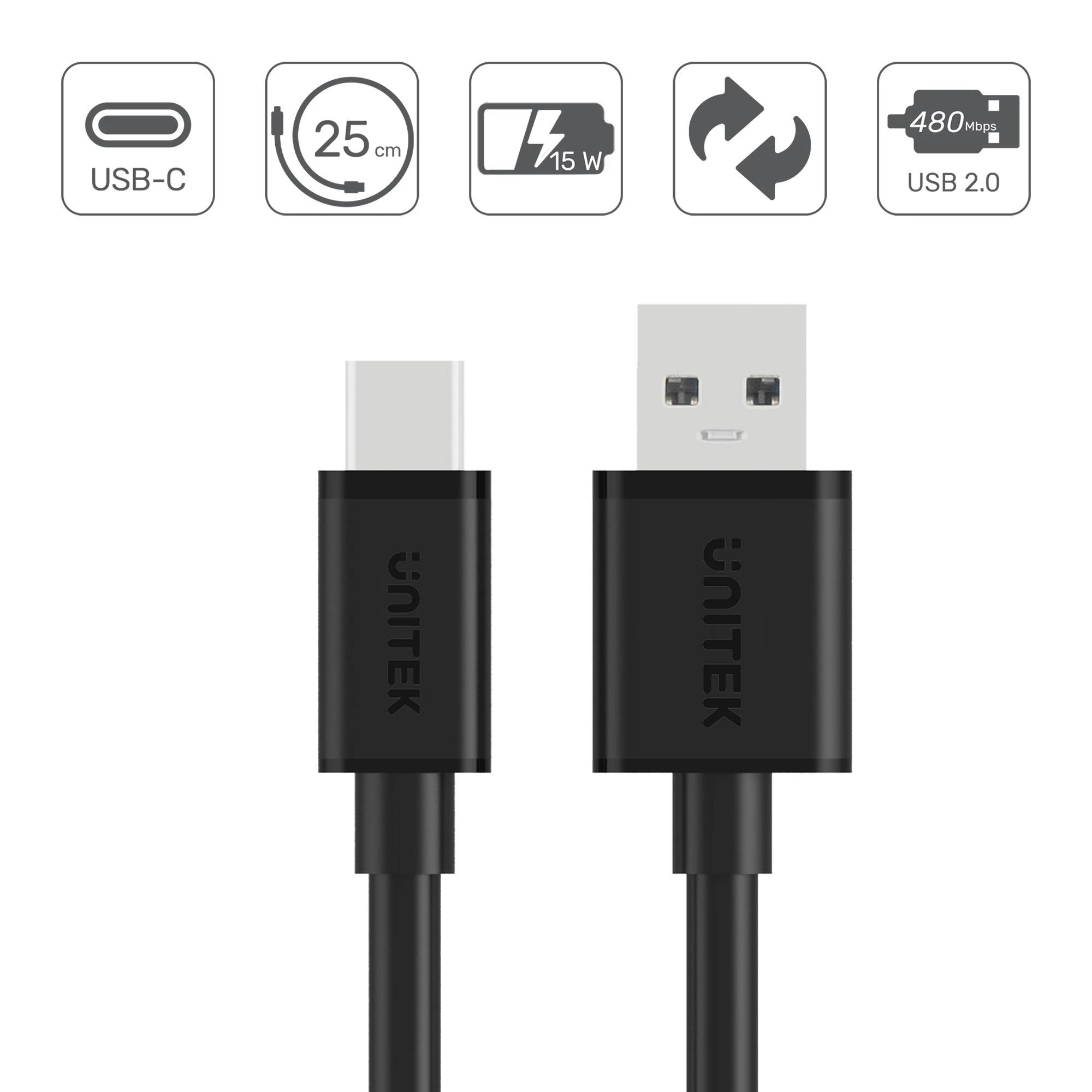 UNITEK CABLE USB-A - USB-C 25cm Y-C480BK