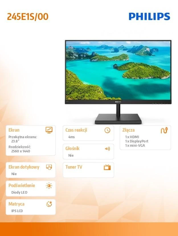 Monitorius Philips 245E1S/00 23.8",IPS, HDMI/DP