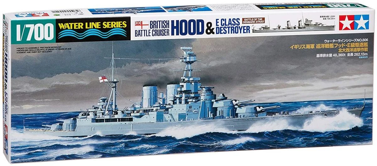 Tamiya Waterline: britų mūšio kreiseris Hood ir E klasės naikintuvas 1/700