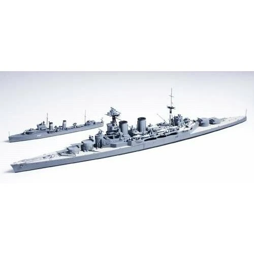 Tamiya Waterline: britų mūšio kreiseris Hood ir E klasės naikintuvas 1/700