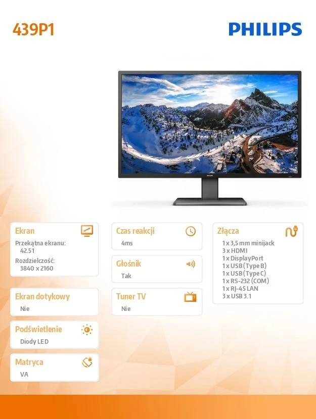 Monitorius Mmd monitoriai Ekranai PHILIPS 439P1/00 42.51 colio 16:9 VA 3840x2160 60Hz 400cd/m2 HDMIx3 DP 1xUSB-C/3xUSB 3.2