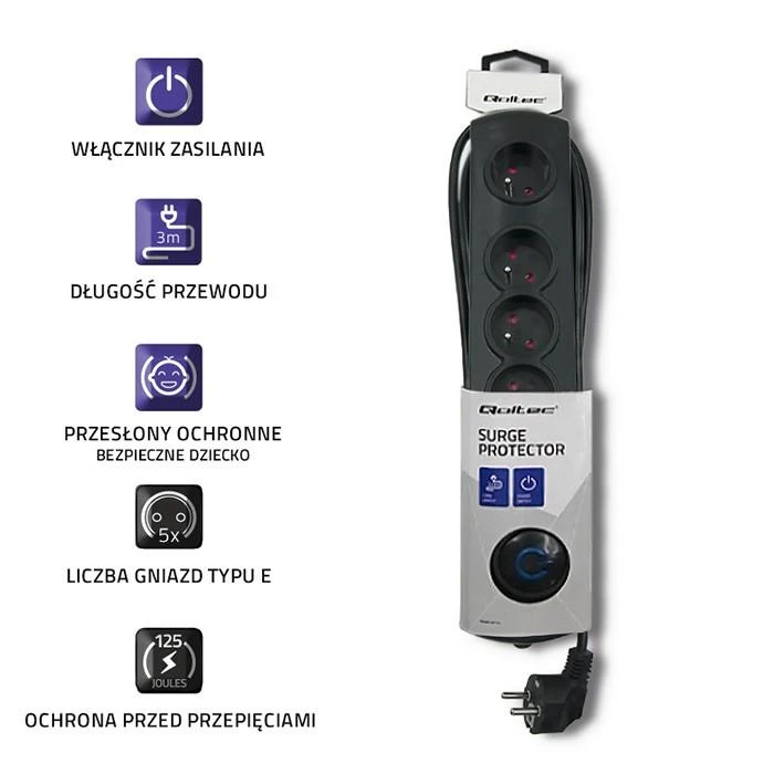 QOLTEC Apsauga nuo viršįtampių Quick Switch 5 lizdai 3m juodas