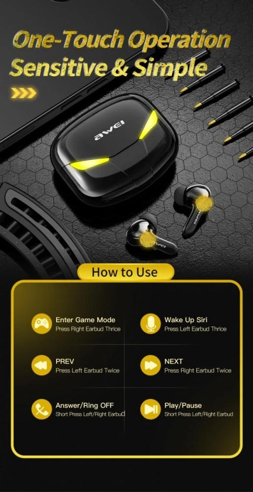 AWEI Bluetooth 5.0 T35 TWS ausinės + docking station žaidimams juodos spalvos