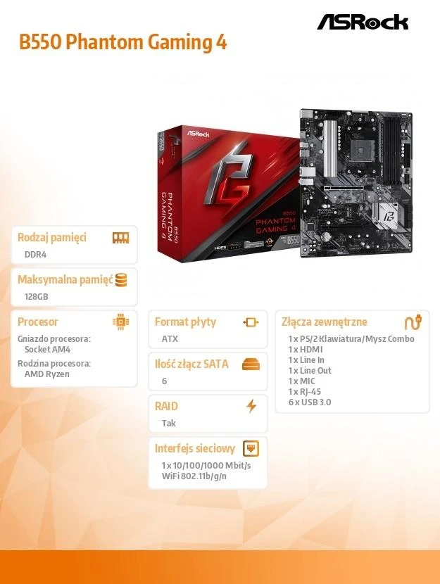 Pagrindinė plokštė ASROCK B550 Phantom Gaming 4 ATX MB 3rd Gen AMD AM4 Socket DDR4 4733+ 1 x3.0 x16 x4.0 PCIe HDMI 7.1 CH HD 6 SATA3 8 USB 3.2 Gen1
