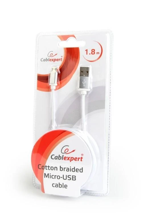 Gembird „Cablexpert“ medvilninis pintas „Micro-USB“ laidas su metalinėmis jungtimis, 1,8 m, sidabrino spalvos, lizdinėje plokštelėje | „Cablexpert“