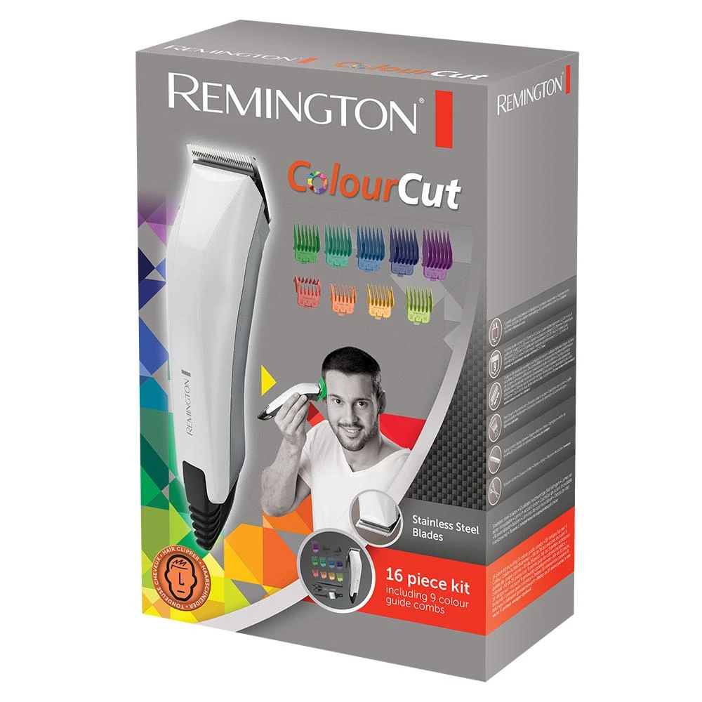 Remington Colourcut plaukų kirpimo mašinėlė HC5035 laidinė, įkraunama, Šiame 16 dalių rinkinyje yra 8 spalvų kreipiančiosios šukos, Baltas
