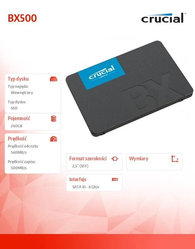 Kietasis diskas SSD CRUCIAL BX500/240GB/SATA 3.0/Rašymo greitis 500 MBytes/sec/Skaitymo greitis 540 MBytes/sec/2,5"
