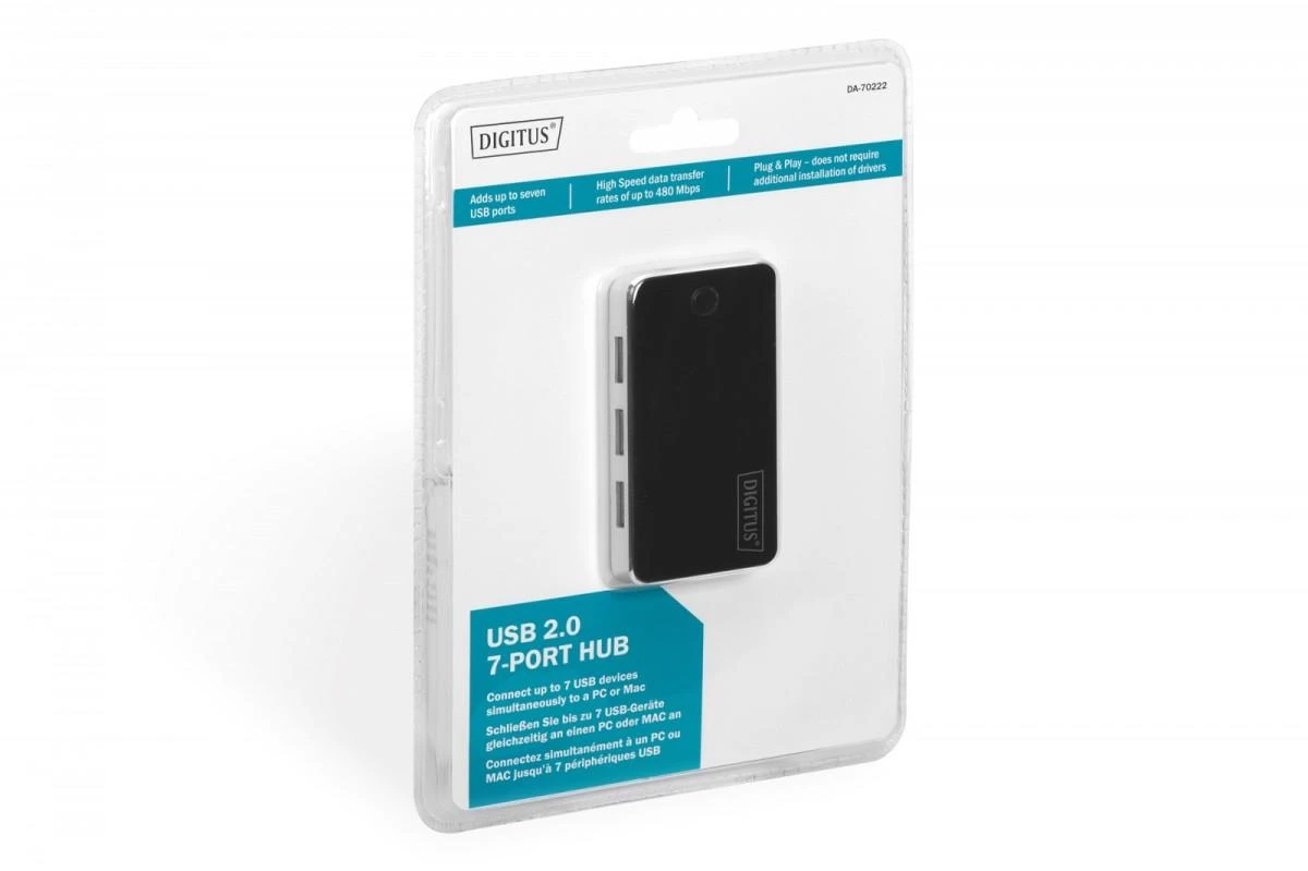 Assmann Electronic DIGITUS USB2.0 Hub 7 prievadų 7xUSB A/F 1xUSB mini su įsk. maitinimo 5V DC 3,5A ir USB laidas juodas