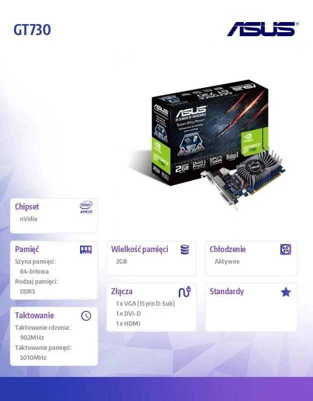 Vaizdo plokštė ASUS GeForce GT 730 2 GB, GDDR5, 64 bitai (GT730-SL-2GD5-BRK)