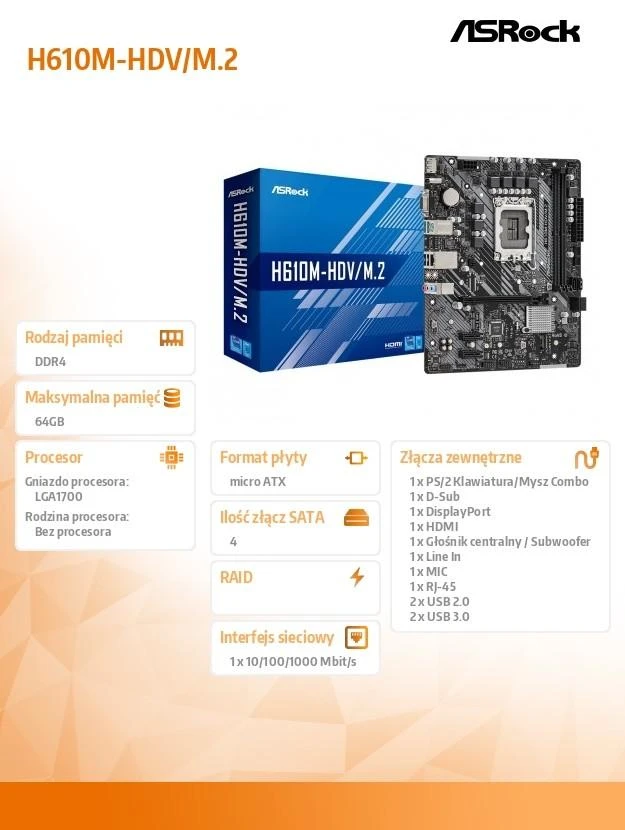 Pagrindinė plokštė ASROCK H610M-HDV/M.2 LGA1700 2x DDR4 DIMM HDMI DP 1xPCIe 4.0 x16 2xPCIe 3.0 x1