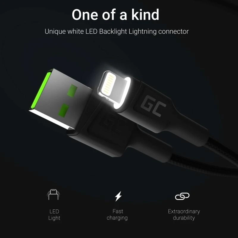 Green Cell Žalias Cell 3x kabelis Žalias Cell GC Ray USB - 120 cm žaibas, skirtas iPhone, iPad, iPod, baltas LED, greitas įkrovimas