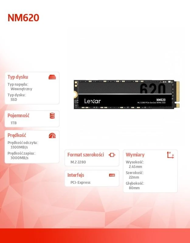 Kietasis vidinis diskas Lexar M.2 NVMe SSD LNM620 1000 GB, SSD form factor M.2 2280, SSD sąsaja PCIe Gen3x4, Rašymo greitis 3000 MB/s, Skaitymo greitis 3300 MB/s