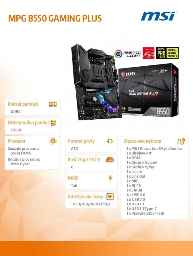 Pagrindinė plokštė MSI MPG B550 Gaming Plus