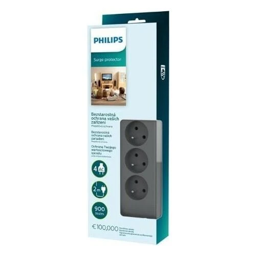 „Philips“ viršįtampių apsauga, 4 lizdai, 2 m, juoda, SPN3140A/60