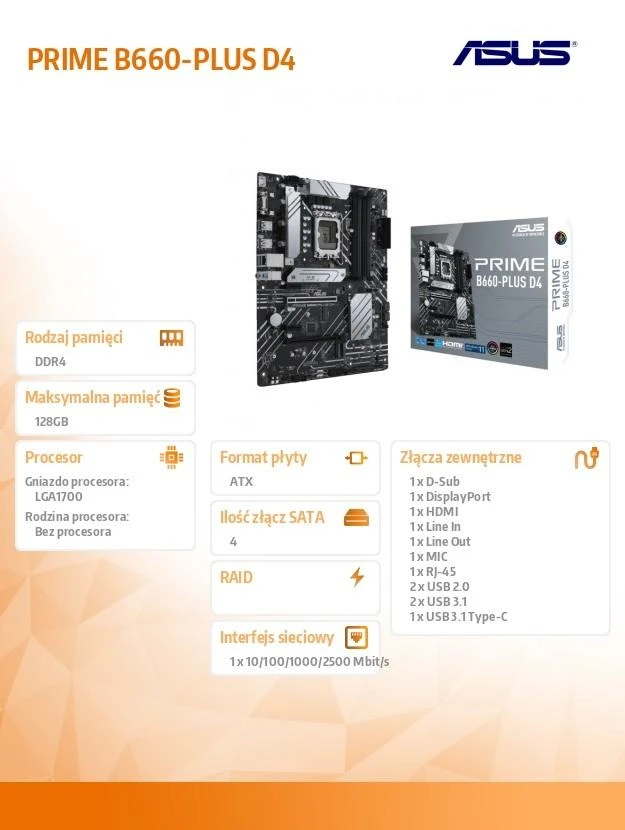 Pagrindinė plokštė ASUS Intel B660 / LGA1700 / ATX / Memory DDR4 / Atminties lizdai 2 / 2xPCI-Express 3.0 1x / 1xPCI-Express 3.0 16x / 1xPCI-Express 4.0 16x / 2xM.2 / 1x15pin D-sub / 1xHDMI / 1xDisplayPort / 2xUSB 2.0 / 2xUSB 3.2