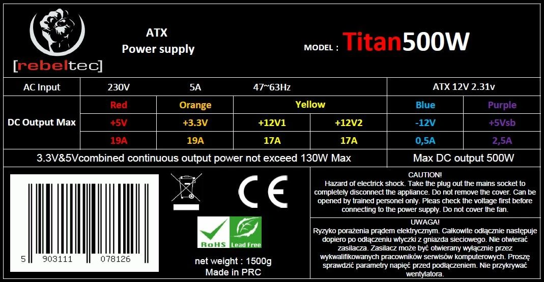 Rebeltec TITAN 500 ATX maitinimo šaltinis ver. 2.31