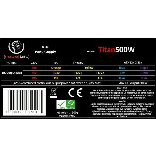 Rebeltec TITAN 500 ATX maitinimo šaltinis ver. 2.31