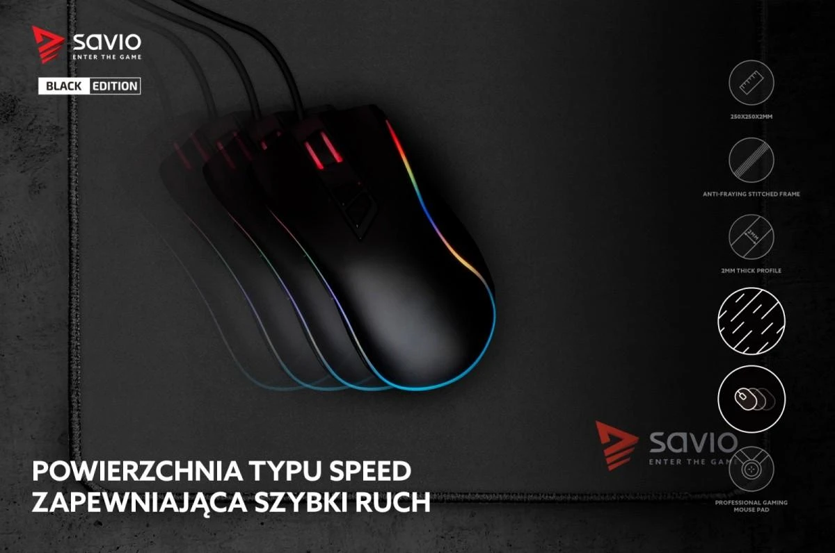 SAVIO Juodas Edition Turbo Dynamic S 25x25 Pelės kilimėlis žaidimams Juodas
