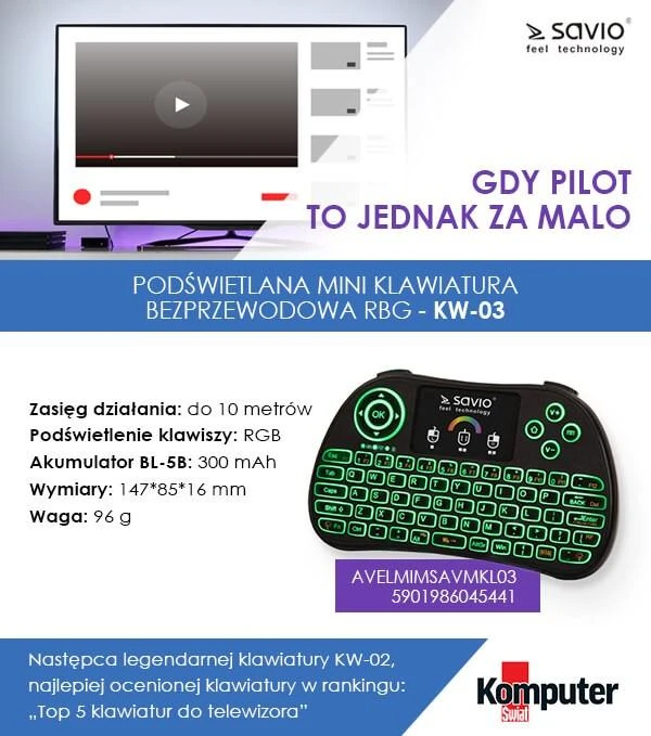 Savio Klaviatūra Smart TV klaviatūra KW-03
