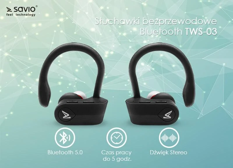 Sportinės Savio TWS-03 ausinės su tvirtinimo lankeliais