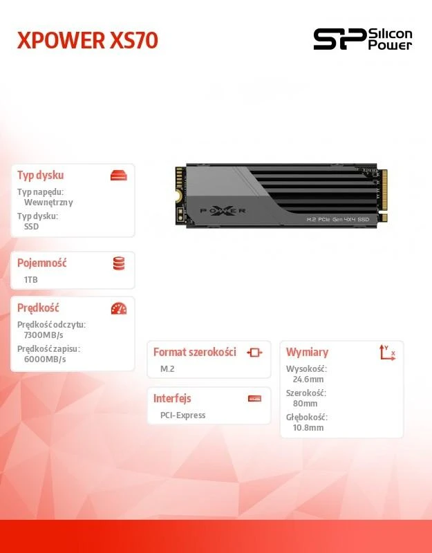 Silicon Power | SSD | XS70 | 1000 GB | SSD form factor M.2 2280 | Solid-state drive sąsaja PCIe Gen4x4 | Skaitymo greitis 7300 MB/s | Rašymo greitis 6800 MB/s