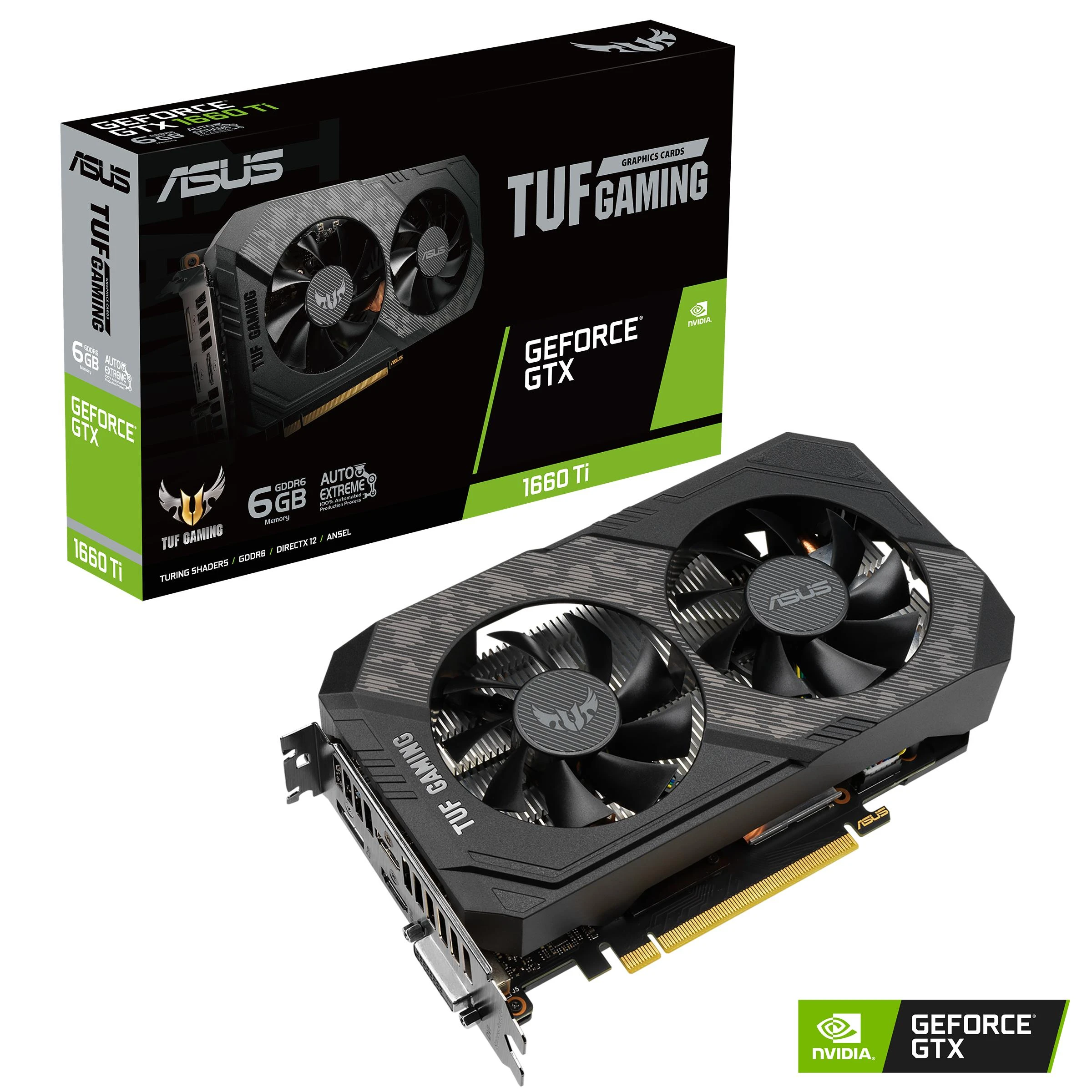 Vaizdo plokštė Asus TUF-GTX1660TI-O6G-EVO-GAMING NVIDIA, 6 GB, GeForce GTX 1660 Ti, GDDR6, PCI Express 3.0, DVI-D talpa 1, HDMI talpa 2, Atminties laikrodžio greitis 12000 MHz