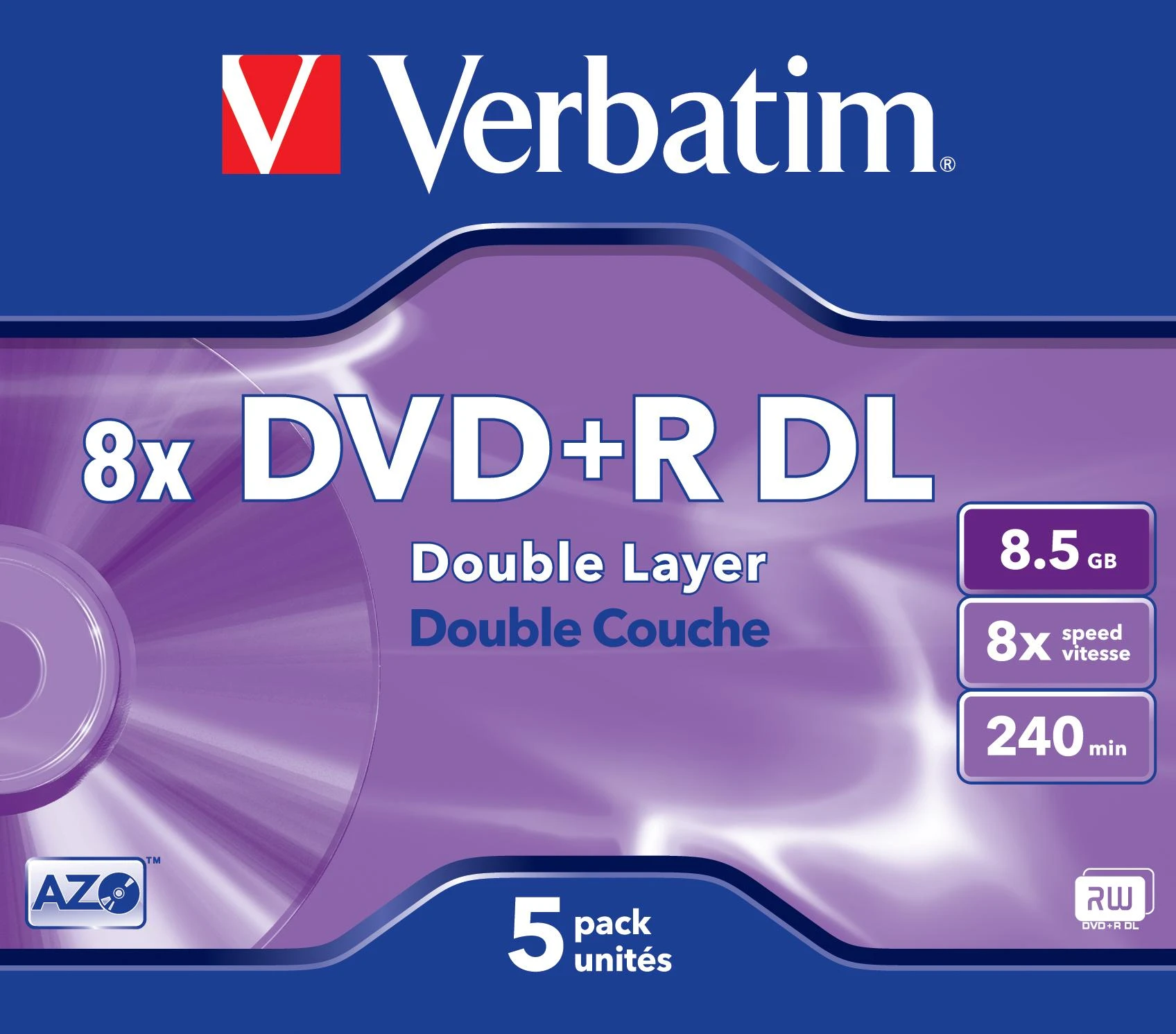 VERBATIM dviejų sluoksnių DVD+R 240 min. / 9,4 GB 8x 5 pakuočių papuošalų dėklas, atsparus įbrėžimams