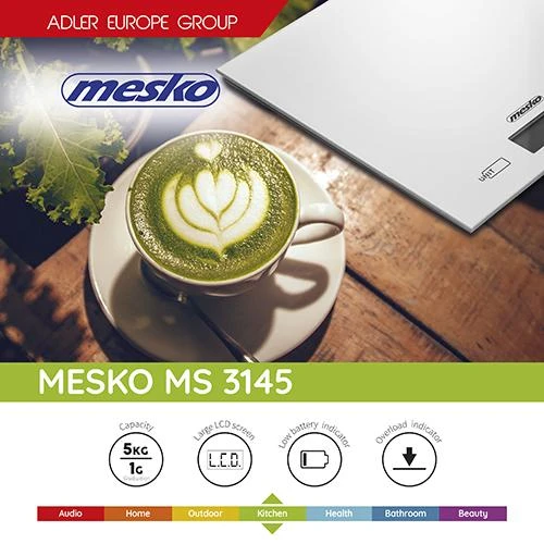 Virtuvinės svarstyklės Mesko | Virtuvės svarstyklės | MS 3145 | Maksimalus svoris (talpa) 5kg | Graduacija 1 g | Ekrano tipo LCD | Sidabrinis