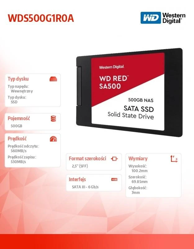 Sandisk SSD WD Raudonas 500GB 2.5" SATA WDS500G1R0A