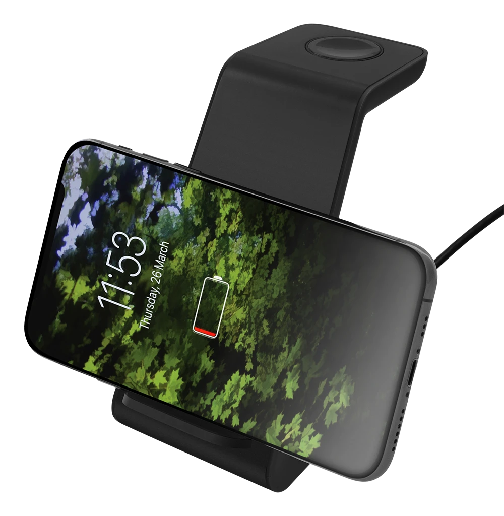 3-in-1 belaidis įkroviklis DELTACO 15 W, USB-C, Qi sertifikuotas, LED indikatorius, juodas / QI-1037