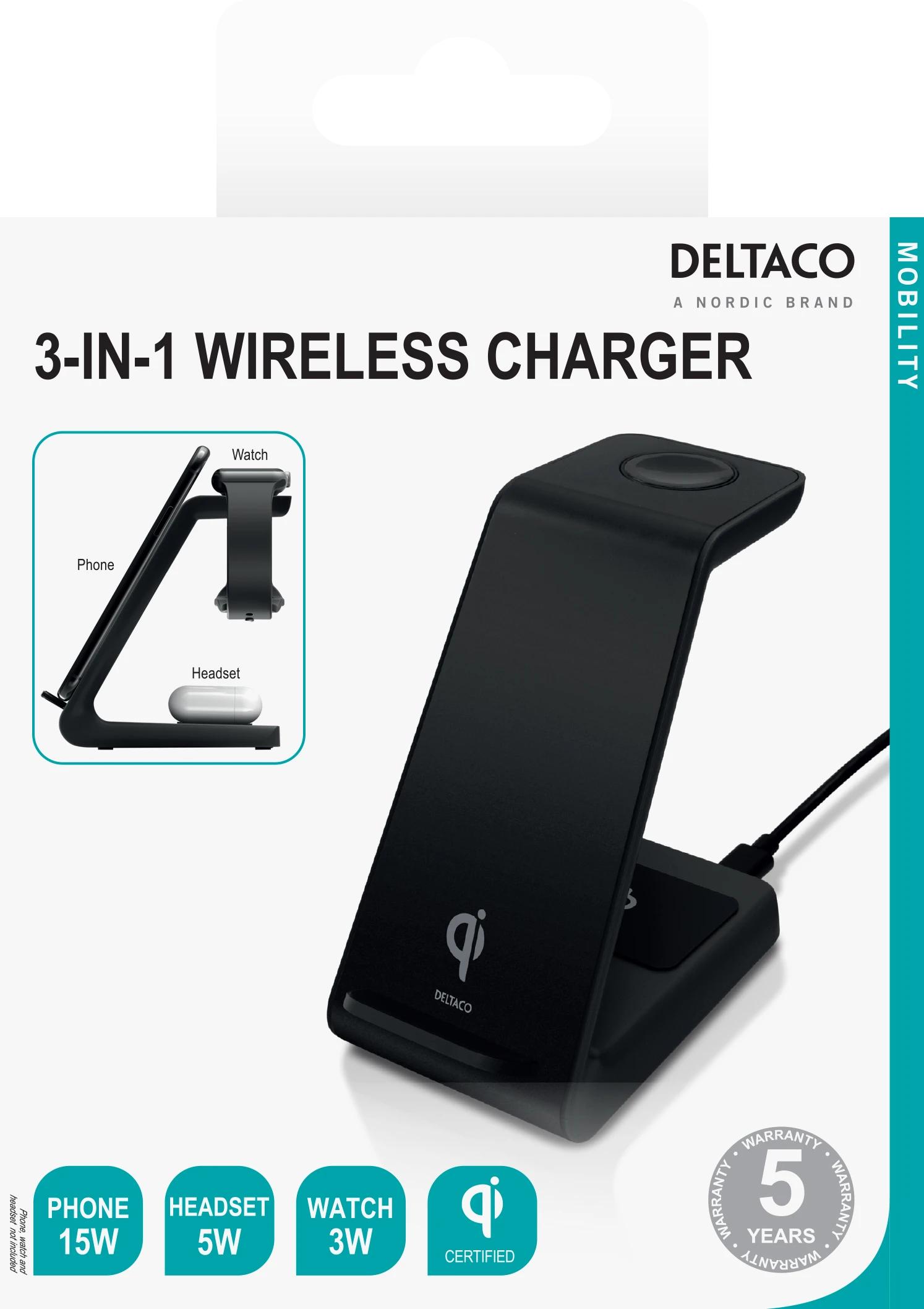 3-in-1 belaidis įkroviklis DELTACO 15 W, USB-C, Qi sertifikuotas, LED indikatorius, juodas / QI-1037