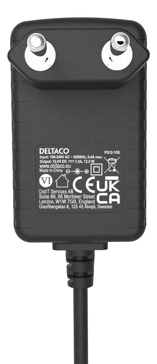 Deltaco PS12-10B maitinimo adapteris su technine specifikacija